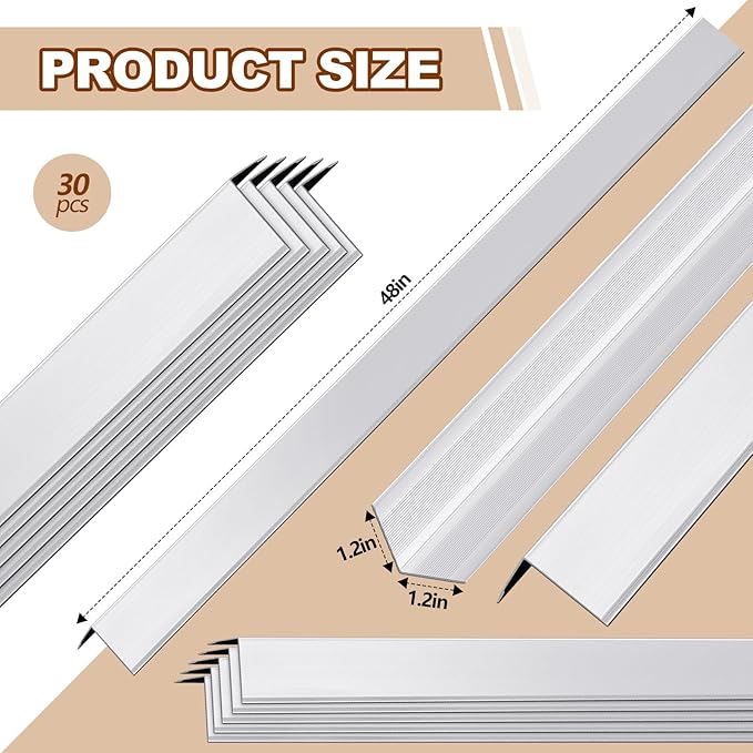 Therwen 30 Pcs Aluminum Alloy Metal Molding Corner Guards 48 x 1.2 x 1.2 Inches Wall Corner Guard Protectors with 90° Angle Door Frame Cabinet Baseboard Protector for Edge Wall Decoration (Sliver)
