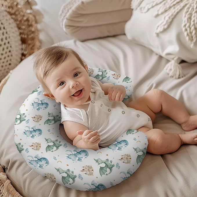 Cartoon Dragon Pattern Nursing Pillow Cover, Unisex Cloud Star Moon Castle Removable Breastfeeding Pillowcase Slipcover for Baby Girls Boys Newborns Toddlers, Cover Only