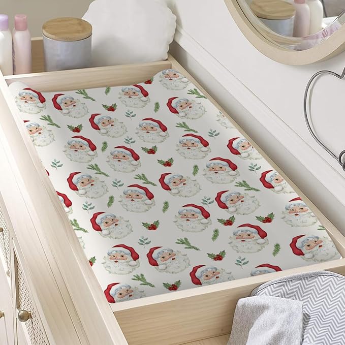 Funny Santa Claus Changing Pad Covers Christmas Cherry Fir Leaves Diaper Changing Table Sheets Cover for Baby Boys Girls Winter Soft Breathable Stretchy Baby Changing Pad Mats 32''x16''
