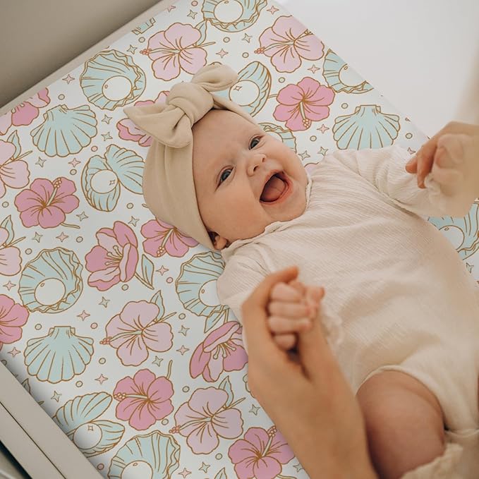 Boho Summer Mermaids Floral Changing Pad Covers for Baby Girls Boys Beach Seashells Conch Tropical Flowers Fitted Change Table Pad Covers Mats Ocean Marine Soft Diaper Changing Pad Sheets 32''×16''