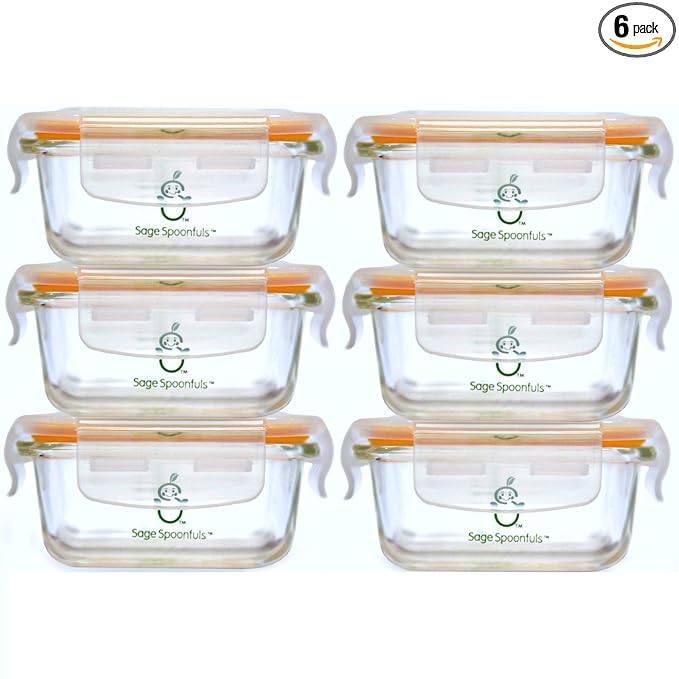 Sage Spoonfuls Borosilicate Glass Baby Food Containers with Lids - Durable and Airtight - Dishwasher, Oven, Microwave, & Fridge Safe - 24 Fl Oz, Pack of 6 - Clear
