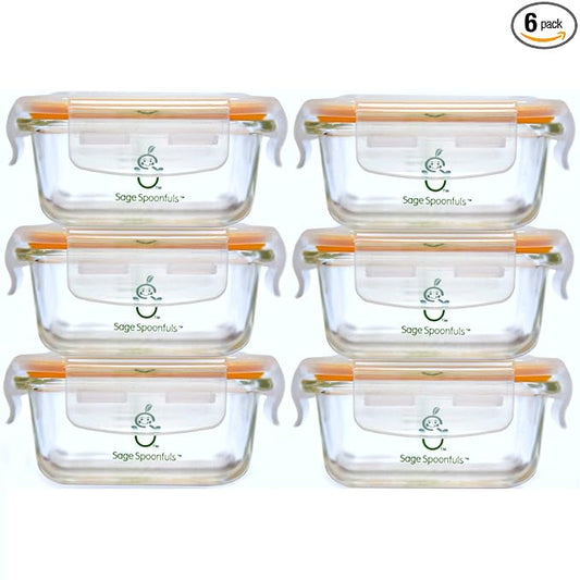 Sage Spoonfuls Borosilicate Glass Baby Food Containers with Lids - Durable and Airtight - Dishwasher, Oven, Microwave, & Fridge Safe - 24 Fl Oz, Pack of 6 - Clear