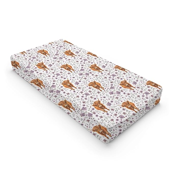 Highland Cow Flowers Floral Leaves Pattern Baby Changing Pad Cover, Unisex Western Farm Animals Nursery Diaper Changing Table Pad Mat Sheet for Boys Girls-16x32