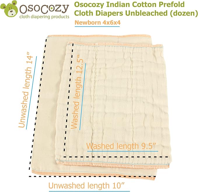OsoCozy Unbleached Prefold Cloth Diapers 100% Cotton, Durable, Soft, Absorbent, Sustainable & Economical - dims, Fits size range. - (Size)
