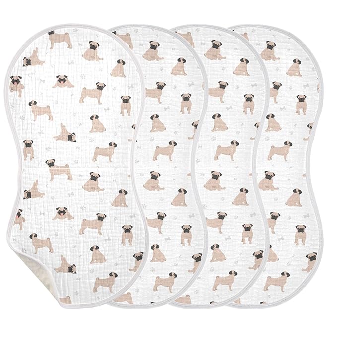 Muslin Baby Burp Cloths, Cute Pug Puppy Dogs Muslin Baby Rags Comfy Soft Absorbent in for Newborn Boys and Girls 4 Piece 22 x 11 Inch