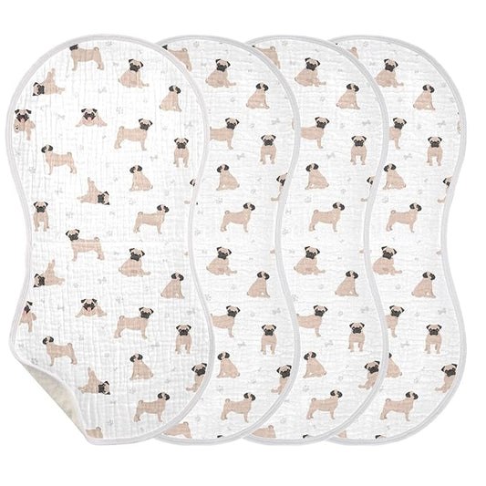 Muslin Baby Burp Cloths, Cute Pug Puppy Dogs Muslin Baby Rags Comfy Soft Absorbent in for Newborn Boys and Girls 4 Piece 22 x 11 Inch