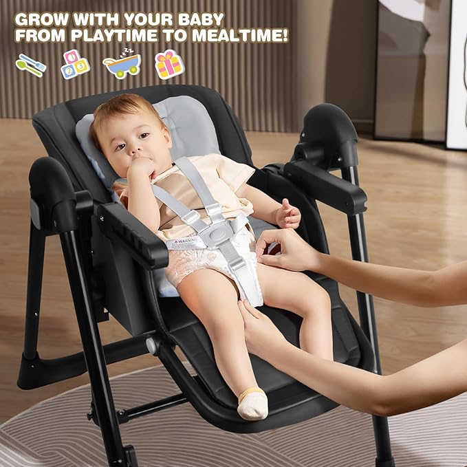High Chairs for Babies and Toddlers Foldable High Chair Adjustable with Reclining Seat & Leg Rest, 3-in-1 Convertible Baby Rocker with Tool-Free Assembly (Black)