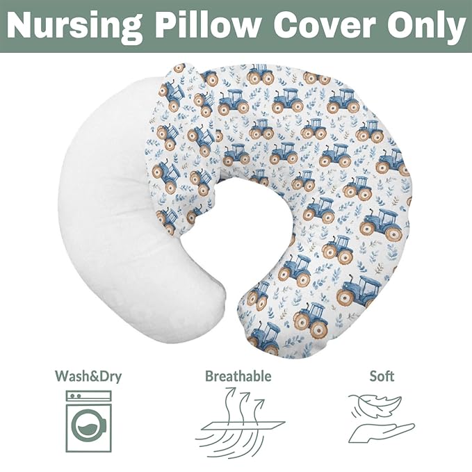 Watercolor Blue Tractors Baby Nursing Pillow Covers for Boy Girl Farm Tractors Boho Leaves Nursery Feeding Pillowcase for Breastfeeding Pillows Farm Life Soft Stretchy Slipcovers for Newborn Infant