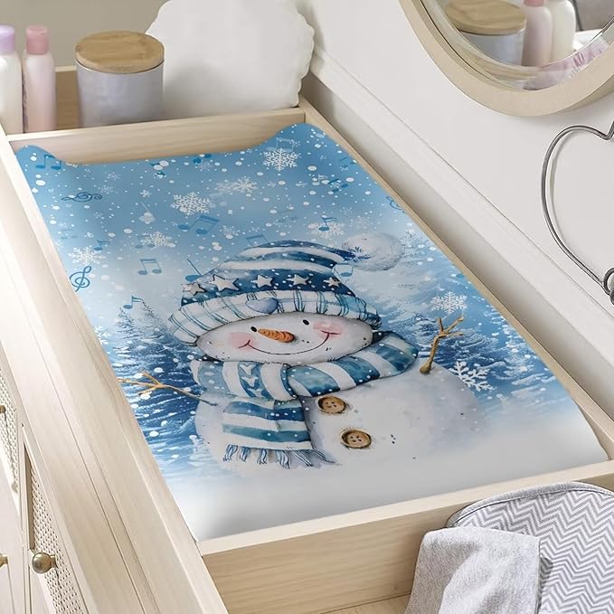 Snowman Changing Pad Cover for Baby Soft Diaper Change Table Covers with Elastic Edge Washable Cradle Mattress Sheets 32"x16" Inch Christmas Decor