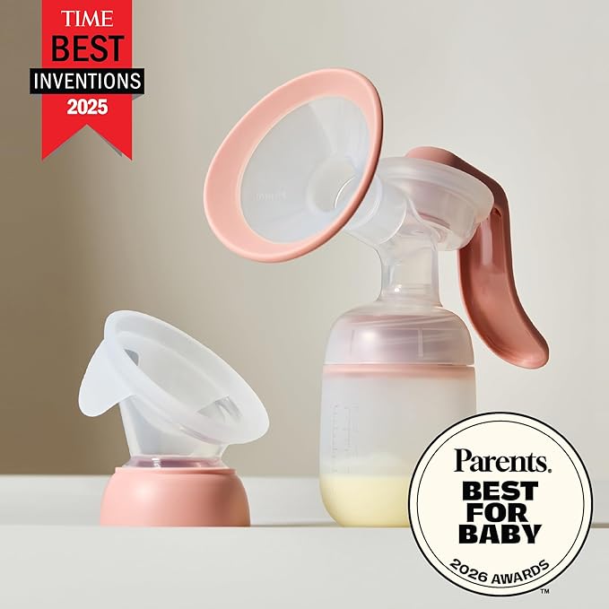Frida Mom 2-in-1 Breast Pump: Manual Hand Pump & Hands-Free Automatic Suction Cup, Dual-Mode, Wireless Milk Collector, Ergonomic Handle, SoftFeel Flange for Breastfeeding