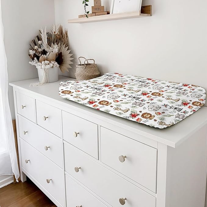 Baby Safari Animals Christmas Cherry Fir Leaves Changing Pad Covers Lion Elephant Giraffe Zebra Hippo Diaper Change Table Pad Covers for Girl Boy Soft Stretch Changing Mat Sheets 32''x16''