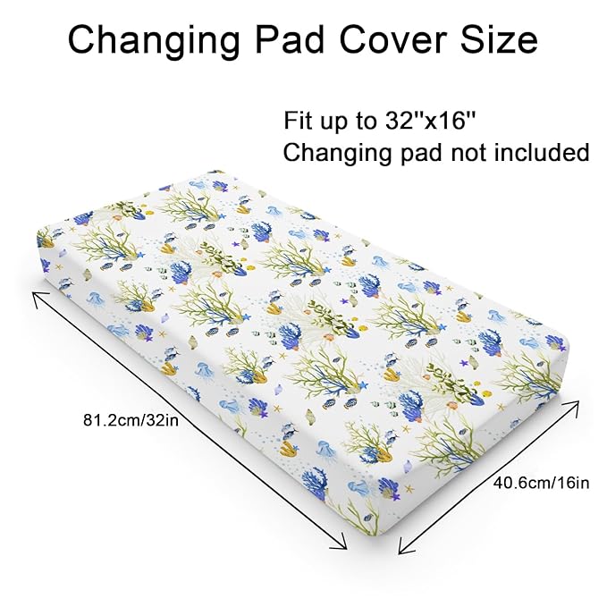 Colorful Undersea Changing Pad Covers Ocean Fishes Jellyfish Sea Weeds Diaper Change Table Pad Sheets for Boys Girls Nautical Marine Life Soft Stretch Fitted Changing Mat Sheets 32''x16''