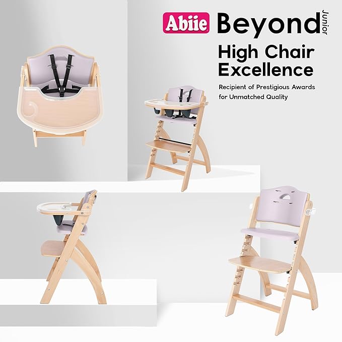 Abiie Beyond Junior Wooden High Chair for Babies and Toddlers - Convertible 3-in-1 Baby Highchair with Removable Tray - 6 Months to 250 Lb - Water Resistant - Natural Wood with Lilac Cushion