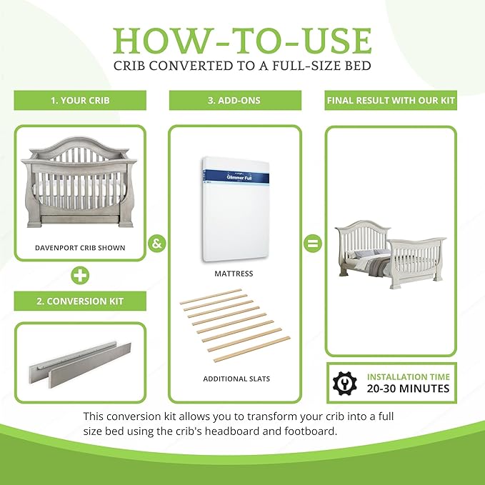 Full-Size Conversion Kit Bed Rails for Baby Appleseed and Eco-Chic Convertible Cribs - Solid Wood Rail - Toddler & Adult Bed Rail for Full-Size - Nursery & Baby Furniture (Morning Mist, Bolt-On Kit)