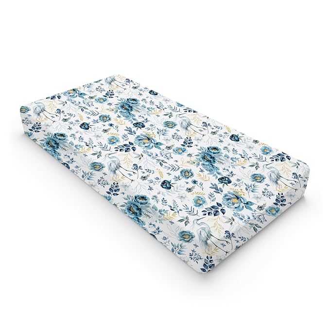 Watercolor Crane Blue Flowers Changing Pad Covers Birds Boho Retro Floral Leaves Diaper Changing Pad Table Sheets for Boy Girl Soft Breathable Stretch Fitted Baby Changing Table Mats Covers 32''x16''