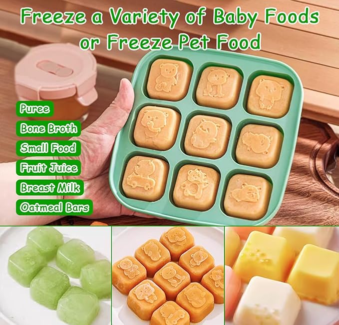 Silicone Freezer Tray with Lid, Food Storage Container for Homemade Baby Food, Vegetable, Fruit Purees, Breast Milk Feeder & Mini Nibble Combo, Breastmilk Popsicle Molds, 2 Pack(L)