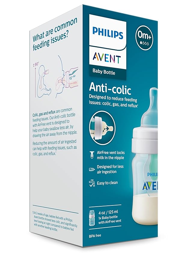 Philips Avent Anti-Colic Baby Bottle with AirFree Vent, 4oz, with Flow 1 Nipples, 0m+, 1Pk, Clear, SCY701/91