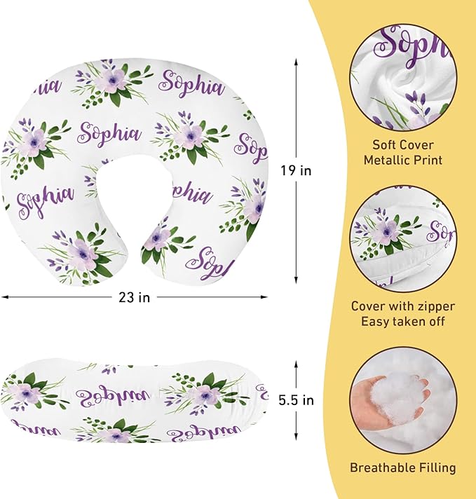 Customizable Flowers Baby Nursing Pillow Cover - Add Your Baby's Name, Ultra-Soft Stretch Fabric, Fits Standard Nursing Pillows, Ideal for Baby Showers Style 06