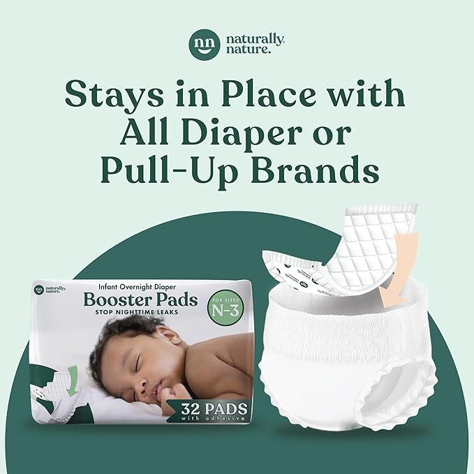 Naturally Nature Overnight Leak-Protection Diaper Booster Pads, for Heavy Wetters, Diaper Liners for Baby Overnight Diapers - Size N-3 Unisex, 32-Pack