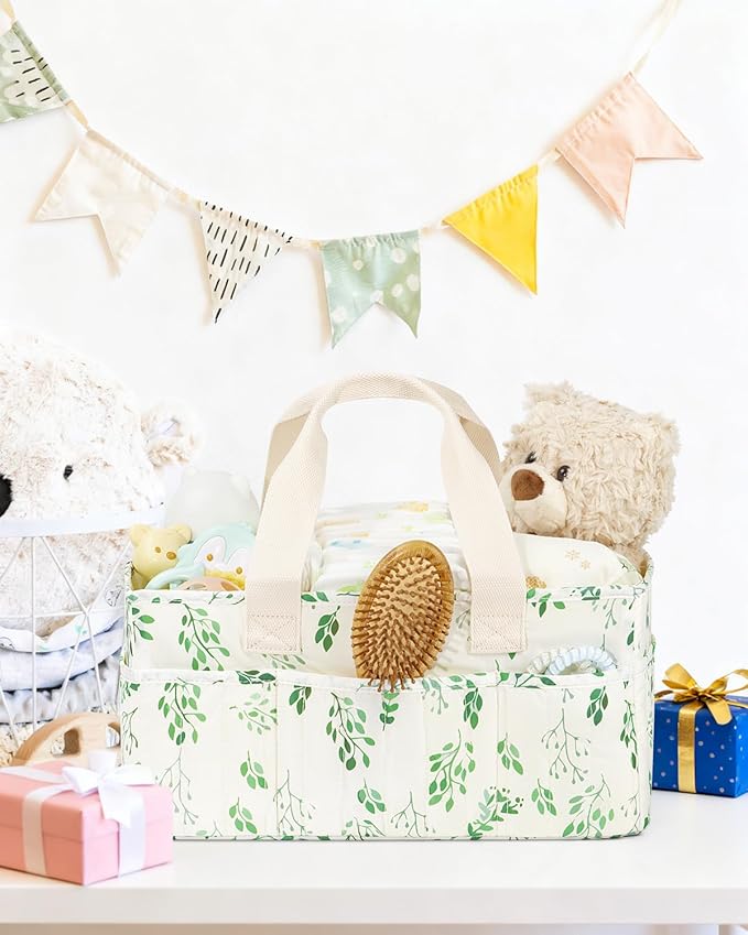 BuyCard Leaf Pattern Diaper Caddy Organizer, Nursery Storage Basket with Handle, Baby Essentials Holder, Cream with Green Floral Design