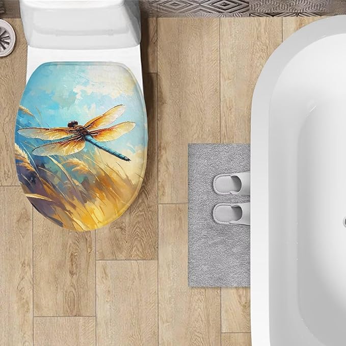 Dragonfly Print Toilet Lid Covers Flannel Fabric Toilet Seat Covers for Bathroom Soft, Dustproof Seat Covers Pad Keep Clean Tidy Fits Most Toilet Cover Seat