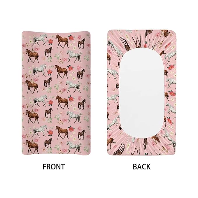 Horse Changing Pad Cover for Baby Pink Comfy Diaper Pad Covers for Changing Table 16x32 Inch Washable Cradle Mattress Sheets Gift for Holiday