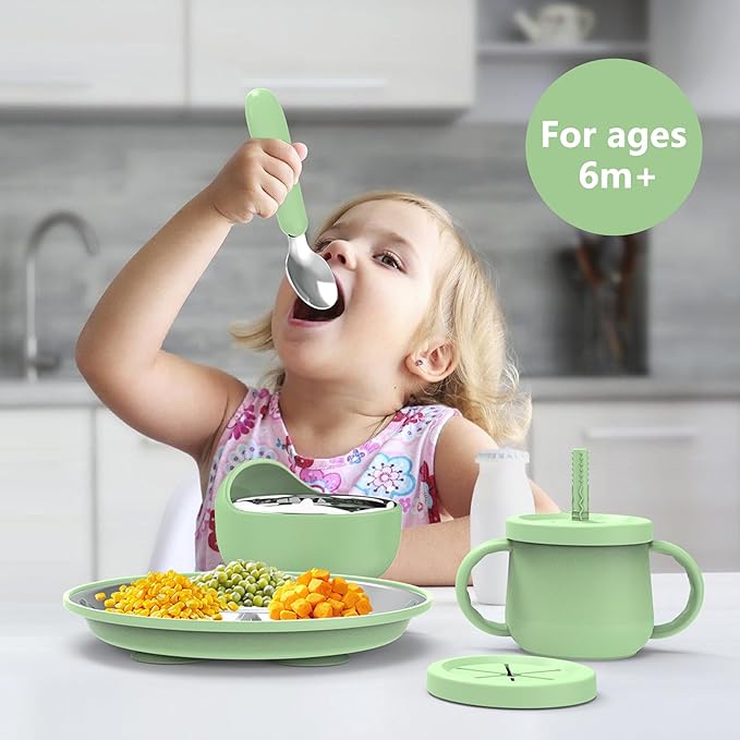 13 Pack Silicone Baby Feeding Set, BPA-Free Stainless Steel Toddler Feeding Supplies, Include Suction Plates, Baby Bowls, Silicone Fork & Spoon, and More, First Stage Baby Dish Set - 6+ Months
