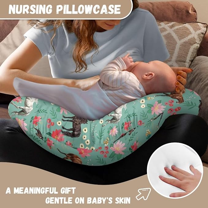Horses Floral Washable Baby Nursing Pillow Cover with Hidden Zipper Dustproof Washable Support Pillow Slipcover for Bottle and Breastfeeding, Home Car Decor