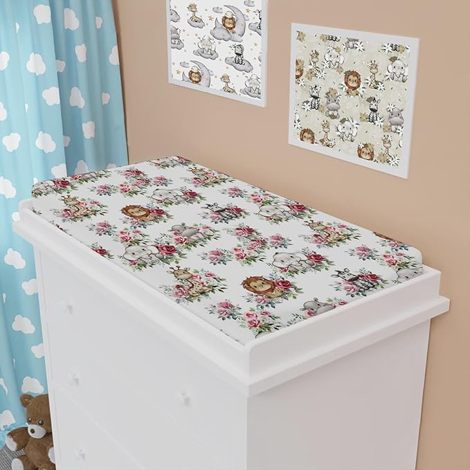 Baby Safari Animals Boho Floral Changing Pad Covers Lion Elephant Giraffe Zebra Hippo Roses Diaper Change Table Pad Covers for Girl Boy Soft Breathable Stretch Changing Mat Sheets 32''x16''
