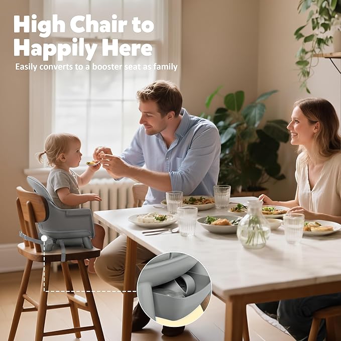 TODEFULL 8 in 1 Wooden High Chairs for Babies Toddlers, Convertible to Booster Seat, Baby Feeding Highchair w/ 5-Point Safety Harness, Removable Tray & Cushion, Gray