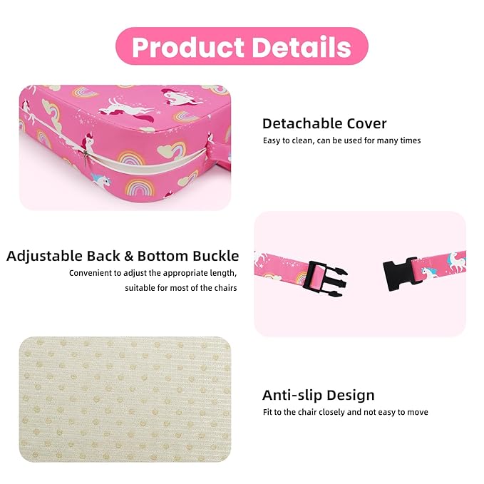 Toddler Booster Seat for Dining Table Kitchen Chair, Kids Booster Seat with Non-Slip Bottom and Adjustable Straps, 4" Detachable Washable Portable Travel Increasing Cushion (Pink Unicorn)