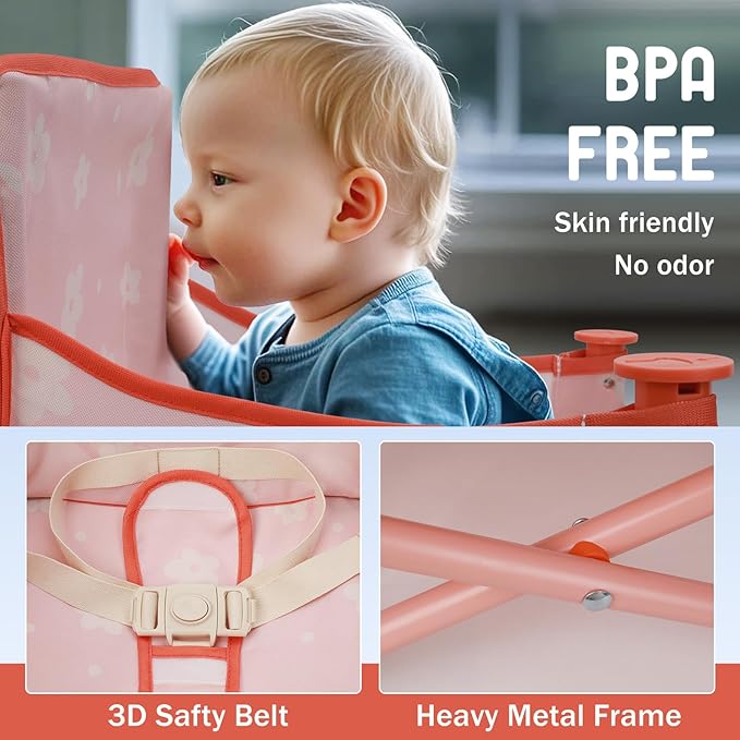 Tiny Marvels 3-in-1 Portable Baby Chair, Foldable Booster Seat with Removable Tray, Safety Harness & Carry Bag for Dining, Travel, Camping, Beach, 6M-3Y (Blush Petals)