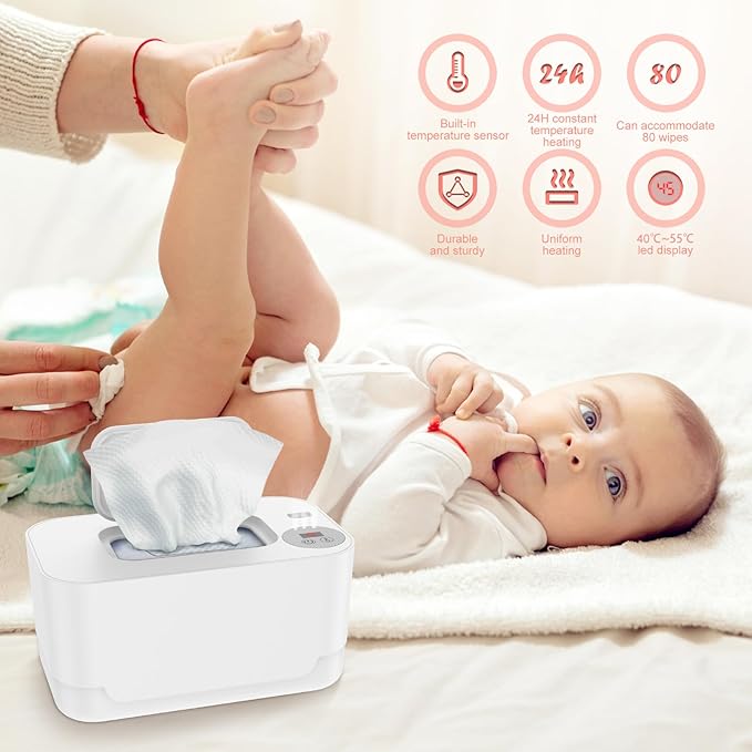 Baby Wipe Warmer with LED Light, 104-131°F Adjustable Baby Wipe Warmer Dispenser Portable Wipe Heater Warmer USB Powered Wet Wipes Warmer D Keeps Wipes Warm and Moist for Baby(White)