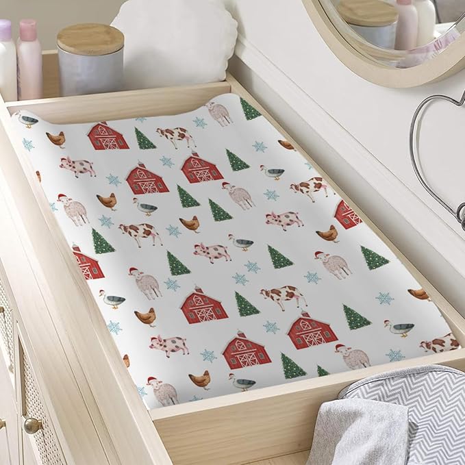 Christmas Farm Animals Life Changing Pad Covers Farmhouse Truck Barn Pig Cow Lamb Hens Ducks Diaper Change Table Sheets for Boys Girls Soft Stretch Change Table Mats Cover 32''x16''