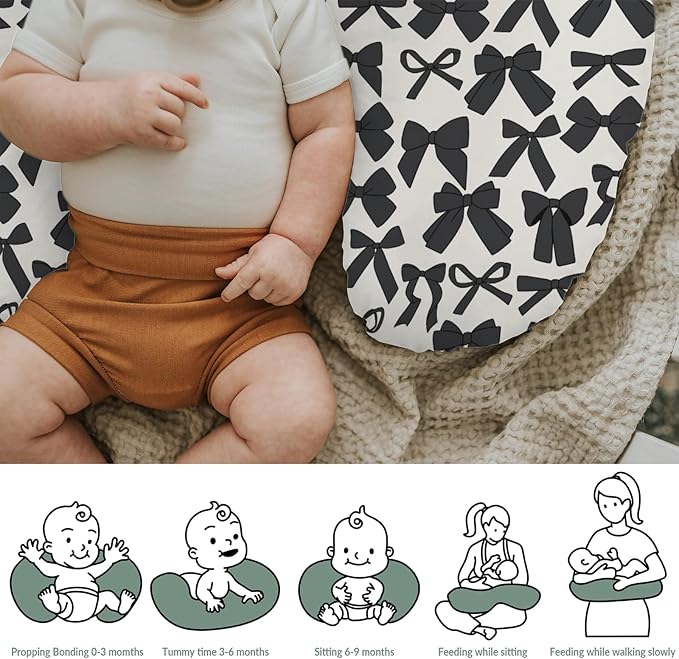 Black Bows Baby Nursing Pillow Covers for Girl Boy Valentine Bows Nursery Feeding Pillowcase for Breastfeeding Pillows Spring Black Ribbons Soft Stretchy Removable Slipcovers for Newborn Infant