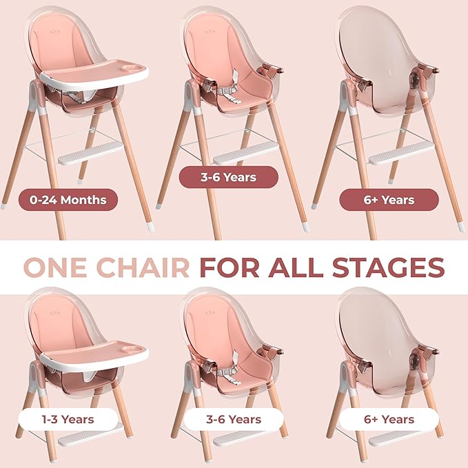 6 in 1 Deluxe Wooden High Chair for Babies & Toddlers Modern Safe Compact Baby Highchair, Easy to Clean, Removable Tray & Cushion, 6 Options 3 Seat Positions 2 Heights (Pink)