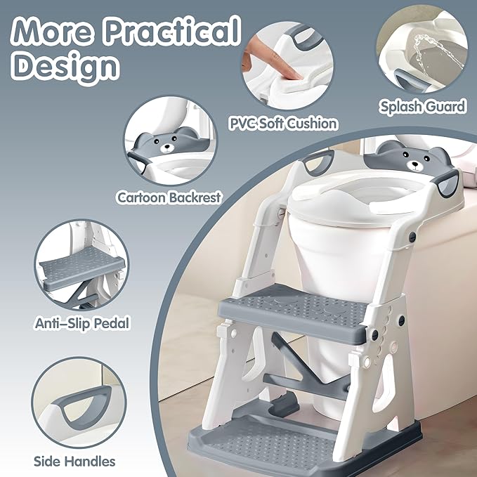 Potty Training Seat, 2 in 1 Potty Training Toilet with Step Stool for Boys Girls, Toddler Toilet Seat with Stabilizer Crossbar, Anti-Slip Pads and Splash Guard, Grey