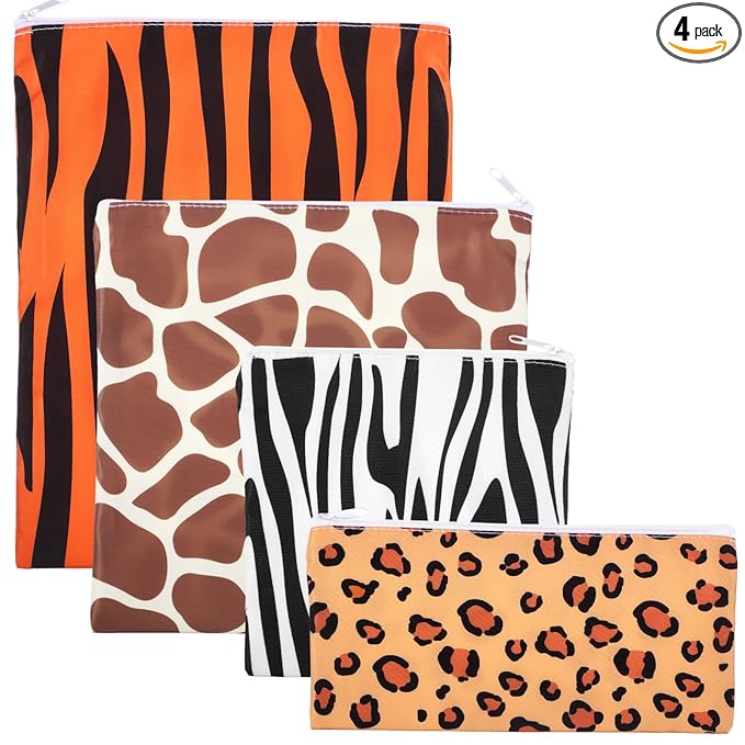 Paterr 4 Pcs Sandwich Bag Reusable Zipper Snack Bags Washable Food Safe Lunch Bags for Kids Students Adults Food (Animal)