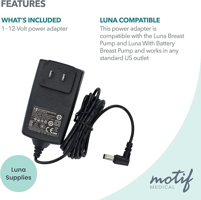 Motif Medical 12 Volt Breastfeeding Essentials Power Adapter - Adapter for Luna Hospital Grade Pump - Charging Pump Adapter w/Barrel Connector - Spare Feeding Pump Charger for Travel