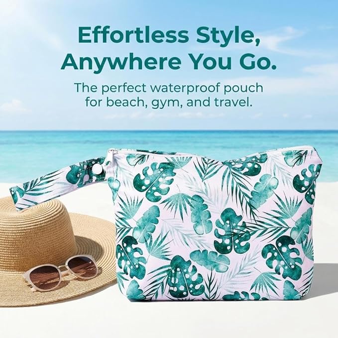 Waterproof Wet Bag with Wrist Strap, Reusable Zippered Pouch for Beach, Swim & Travel, Compact Cosmetic Toiletry Organizer Bag, 7.9 * 9.5 * 2 inches