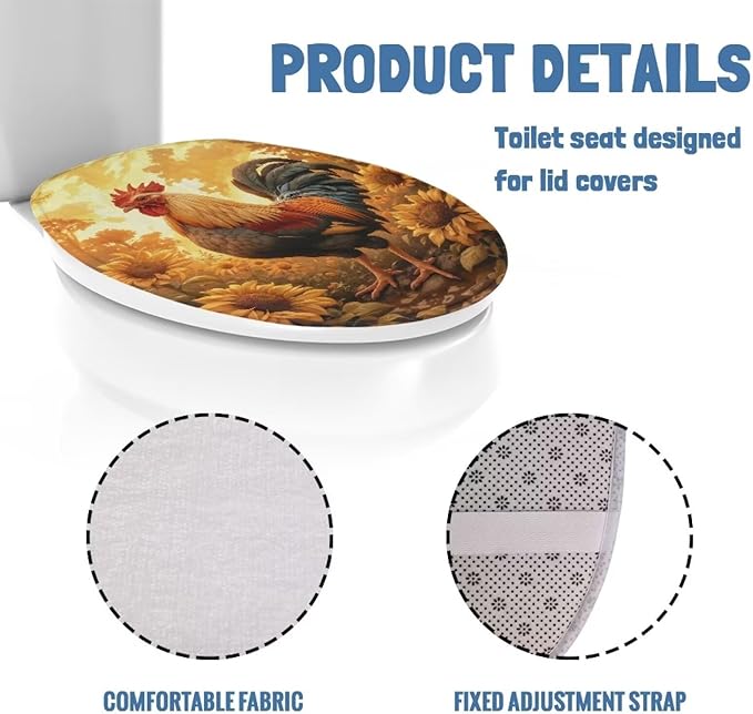 Toilet Seat Covers for Bathroom Rooster Sunflower Toilet Lid Covers Flannel Fabric Toilet Cover Set Stretch Washable Protector Cover Suitable for Home School Hotel Dormitory Apartment