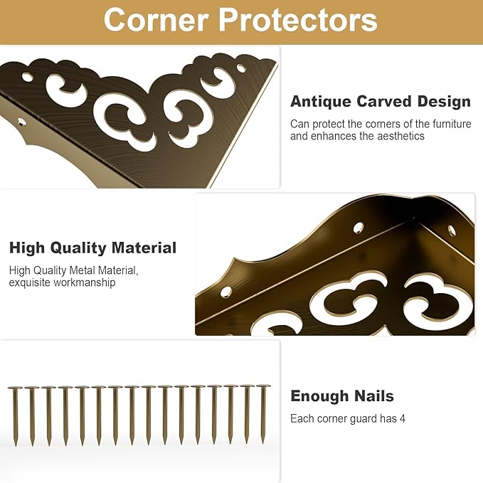 4 Pcs Brass Corner Protectors for Furniture,Retro Style Guard Cabinet Furniture Corner Bumpers for Jewelry Box Gift Box Wooden Case Cabinet Furniture Decorative (Bronze)