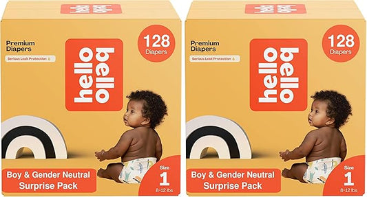 Hello Bello Premium Diapers, Size 1 (8-12 lbs) Surprise Pack for Boys - 128 Count, Hypoallergenic with Soft, Cloth-Like Feel - Assorted Boy & Gender Neutral Patterns (Pack of 2)