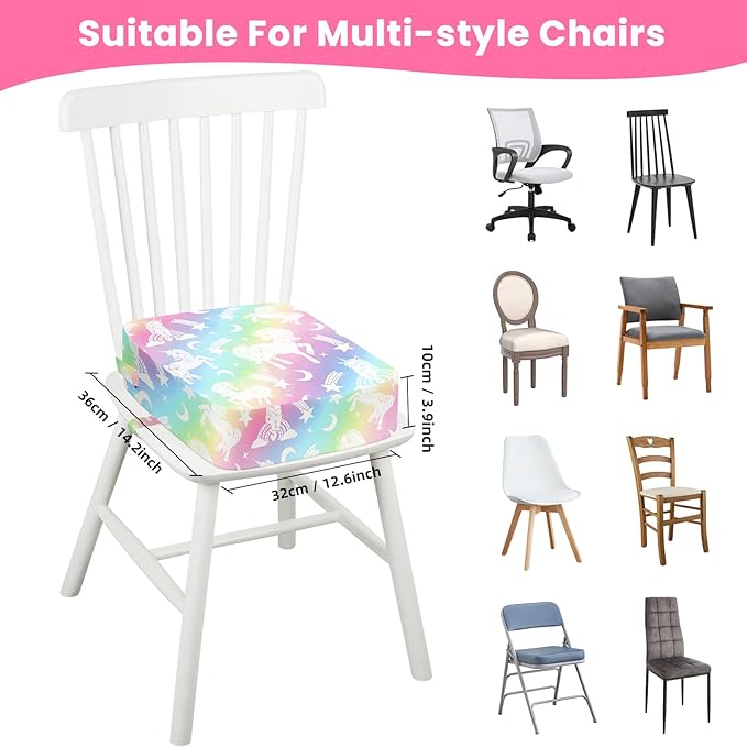 Toddler Booster Seat for Dining Table Kitchen Chair, Kids Booster Seat with Non-Slip Bottom and Adjustable Straps, 4" Detachable Washable Portable Travel Increasing Cushion (Rainbow Unicorn)
