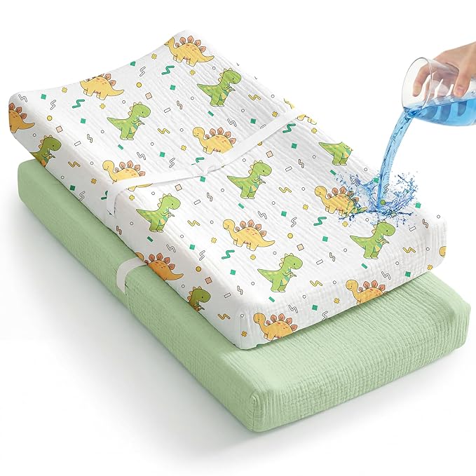 2 Pack Waterproof Muslin Changing Pad Cover with Safety Strap Hole, TPU Leakproof Protection Soft Muslin Baby Changing Table Covers for Boys & Girls, Fits 32" x 16" Changing Pad,Green Dinosaur