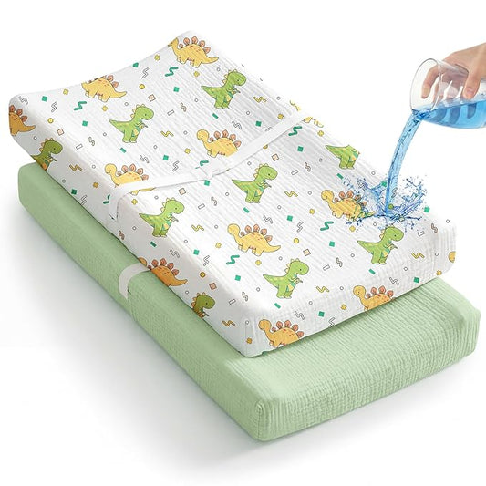 2 Pack Waterproof Muslin Changing Pad Cover with Safety Strap Hole, TPU Leakproof Protection Soft Muslin Baby Changing Table Covers for Boys & Girls, Fits 32" x 16" Changing Pad,Green Dinosaur