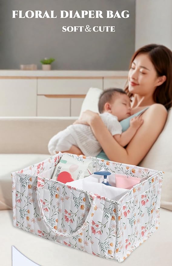 Diaper Caddy Organizer,Cute Floral Nursery Storage Basket,Soft Portable Changing Table Car Caddy Organizer Gift (Floral C)
