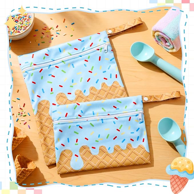 SATINIOR 2 Pack Wet Dry Bags Ice Cream Waterproof Pouch Large & Small Makeup Bag Baby Wet Bags Zipper Pouch for Baby Women Diapers Cloth(Blue)