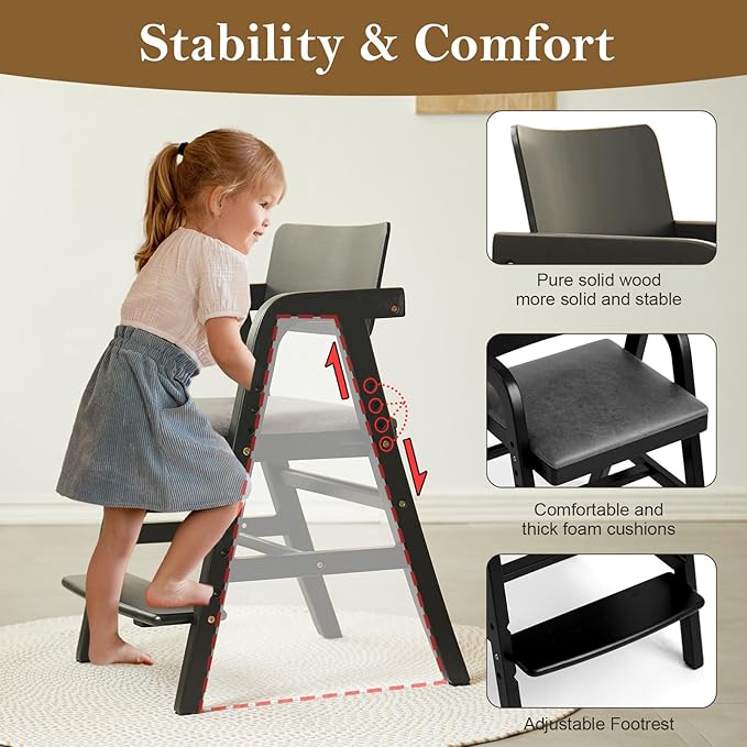 Solid Wood High Chair for Toddlers to Teens, Adjustable Height Toddler Dining Chair, Easy to Clean Toddler Highchair with Removable PU Cushion for Dining, Studying, Step Stool, Black