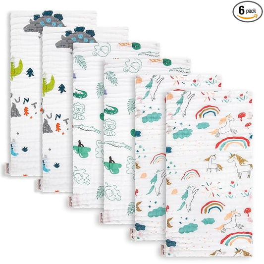 Maliton Muslin Burp Cloths for Baby Girl 6 Pack Large 20''x10'' 100% Cotton Burp Rags Absorbent and Soft 6 Layers Muslin Cloth Baby Boy Newborn Essentials Must Haves (Rainbow & Animals)